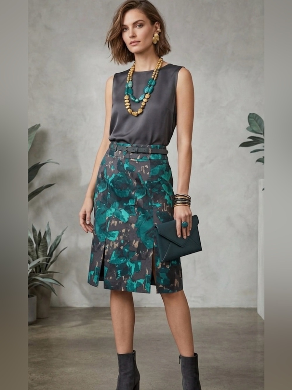 NEW YORK & CO ladies skirt Sz 2 floral teal black double vents belted like NEW